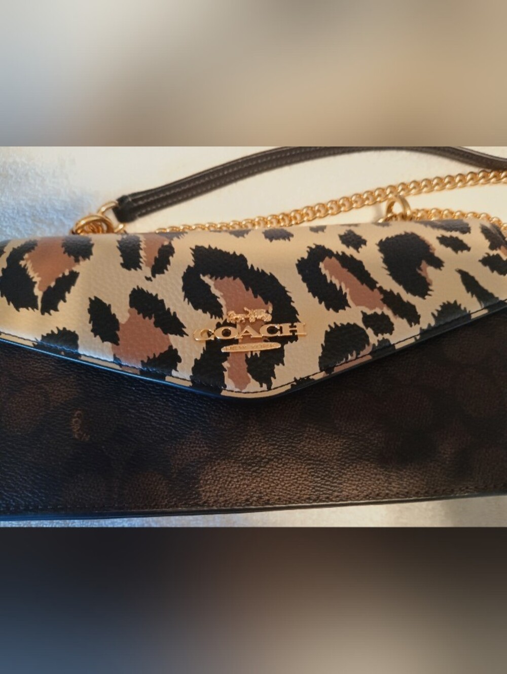 COACH Klare Envelope Leopard Print Leather Chain Shoulder Bag in Tan and Brown - Picture 5 of 10